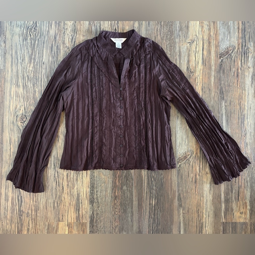 Vtg Allison Taylor L/S Crinkle Blouse Top Lg Brown Fairy Whimsy Grunge Boho Y2K